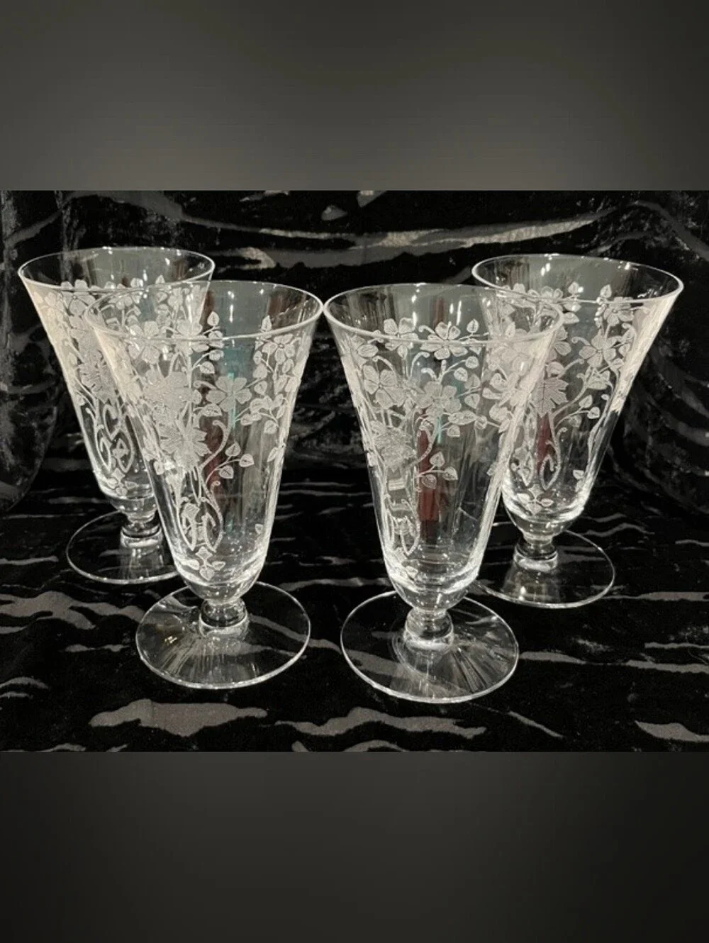 Vintage 1930s Morgantown Baden Etched Crystal Footed Tumblers - Set of 4 (1930s)